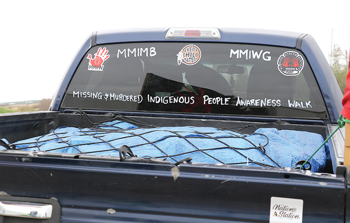 To help bring awareness about all of the Missing and Murdered Indigenous People, including men and boys (MMIB) and women and girls (MMIWG), Cameron and Charity West are walking along Highway 1 to take action. Above is the view behind their truck.